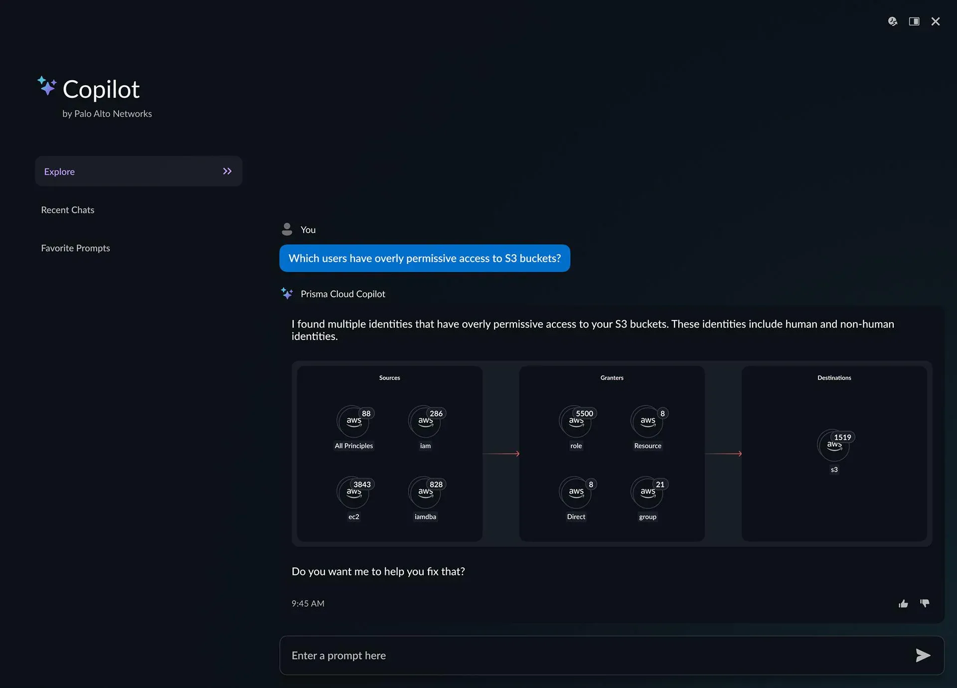 Copilot visualizing which identities have overly permissive access to S3 buckets, offering to fix it
