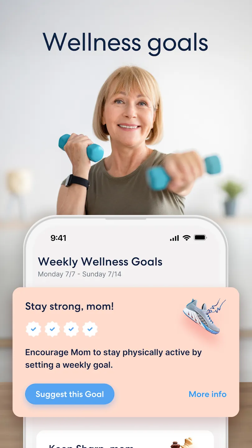 The ElliQ Connect companion app showing a user's wellness goals
