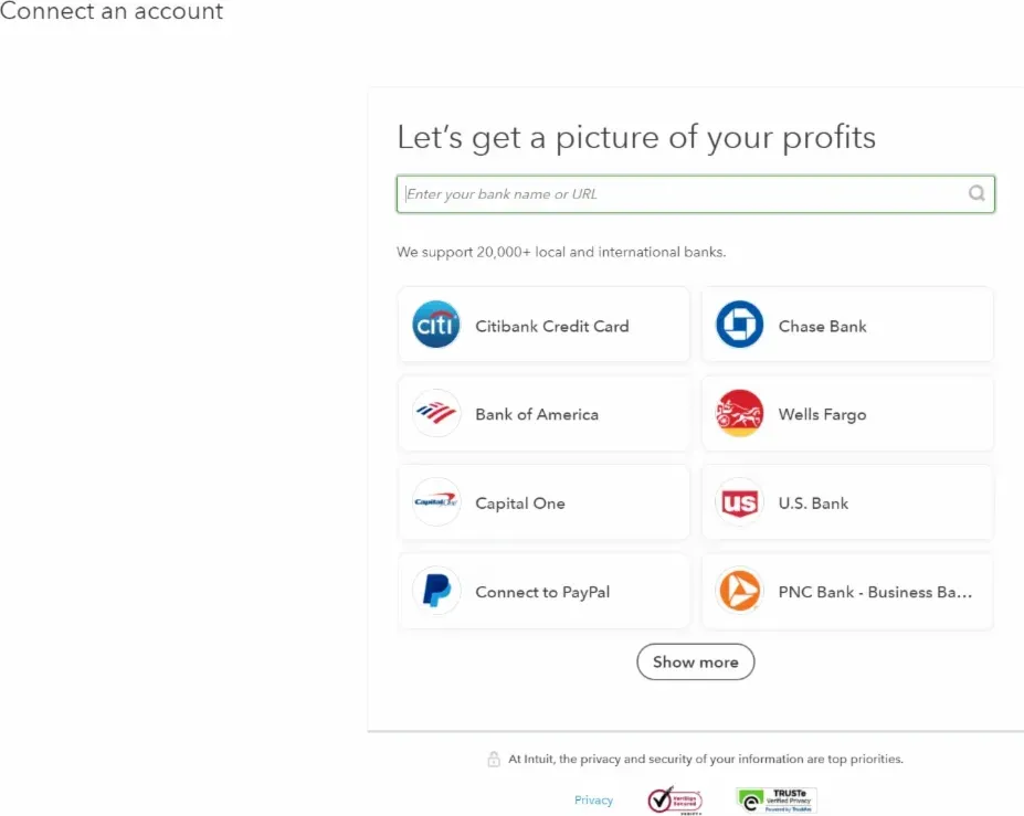 QuickBooks 'Connect an account' screen: a searchable directory of supported banks with logos