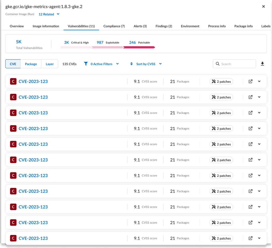 Vulnerabilities panel: a funnel from 5K total vulnerabilities to 3K critical/high, 987 exploitable, and 246 patchable, above a CVE list tagged with CVSS score, affected packages, and available patches
