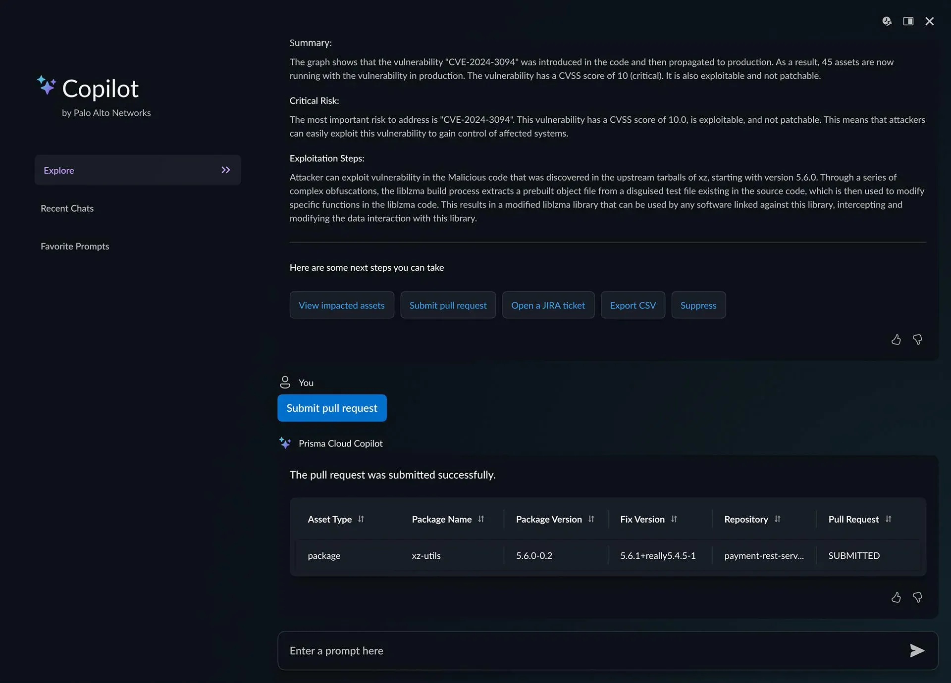 Copilot confirming a remediation pull request was submitted