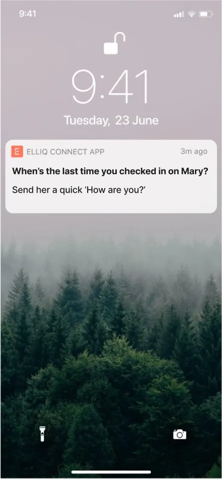 ElliQ Connect push notification with a guilt framing: 'When's the last time you checked in on Mary? Send her a quick How are you?'