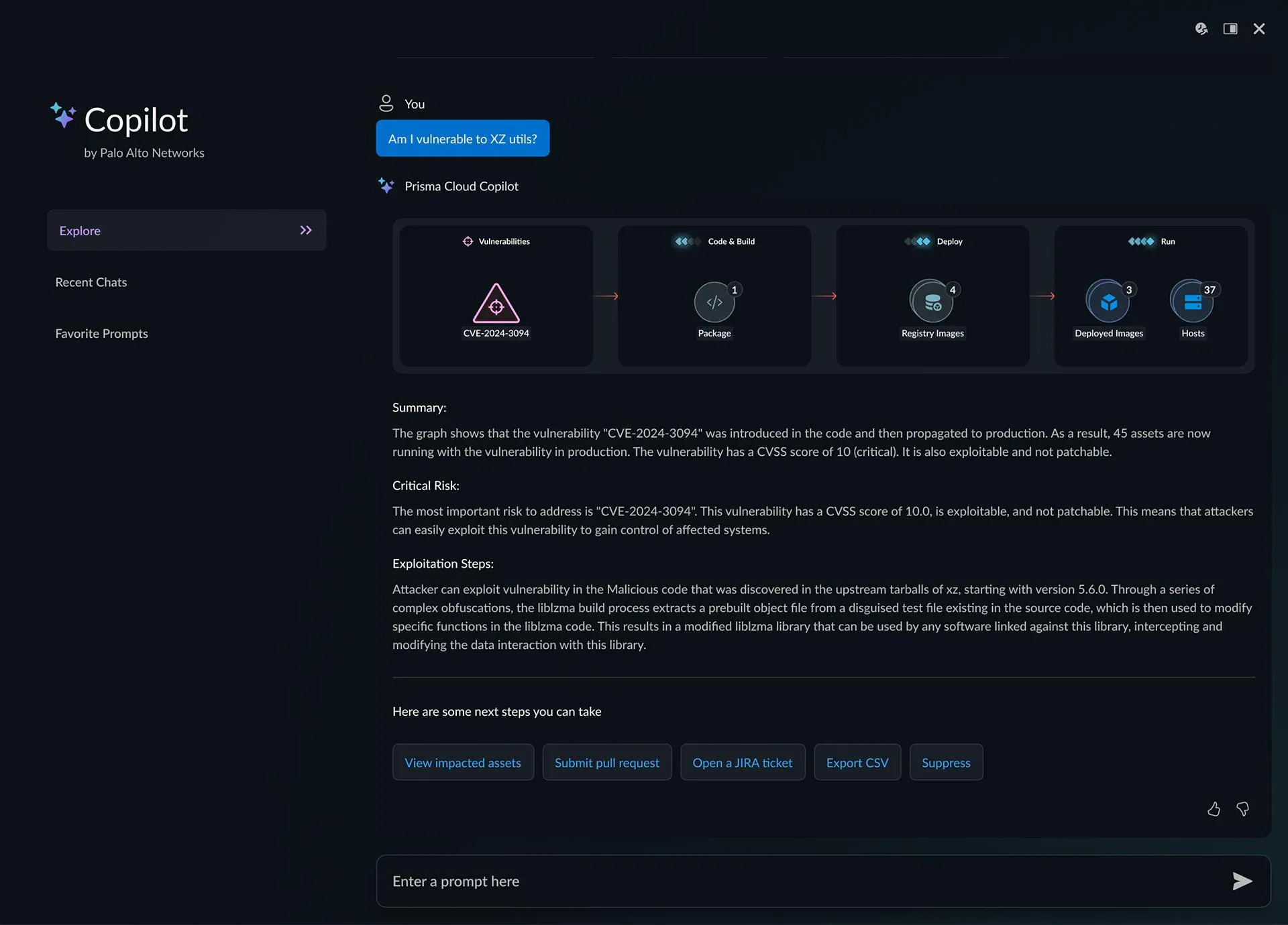 Copilot answering a vulnerability question with a summary, critical-risk explanation, and one-click actions